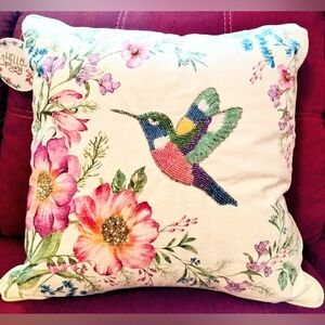 Shabby Chic Beaded Hummingbird Floral Decorative Pillow Embellished Pink Purple
